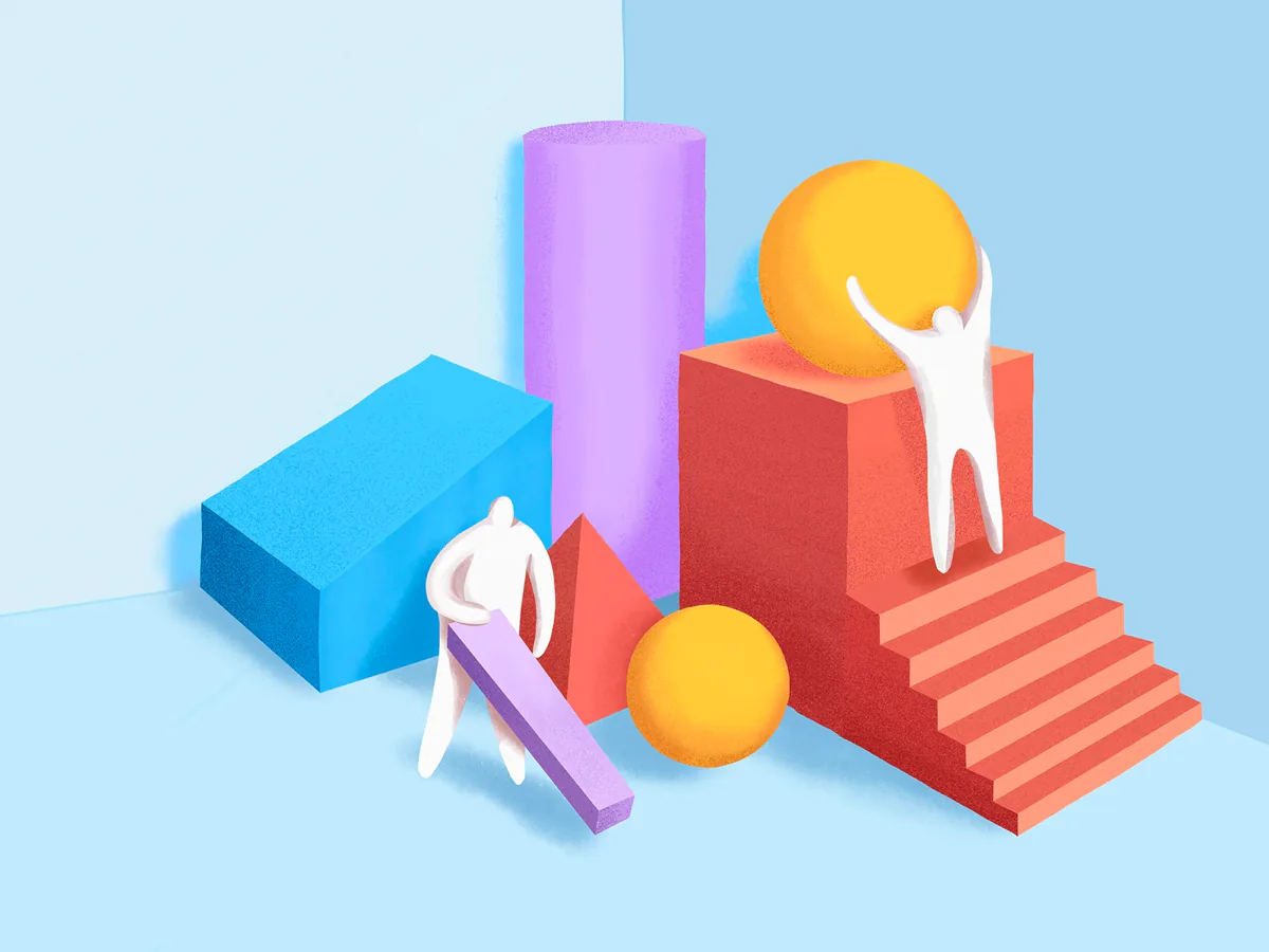 Abstract 3D shapes and people